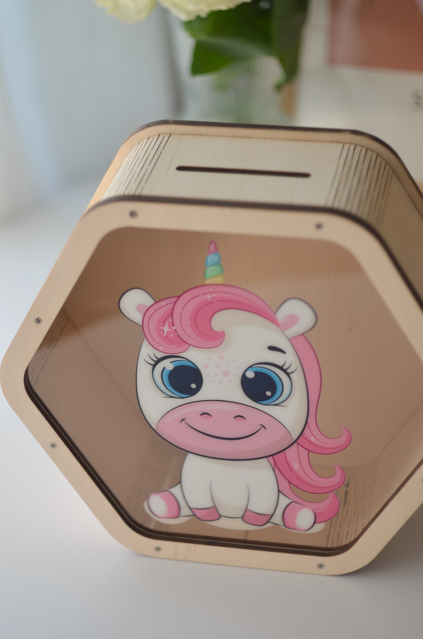 Piggy Bank with Unicorn On the Glass